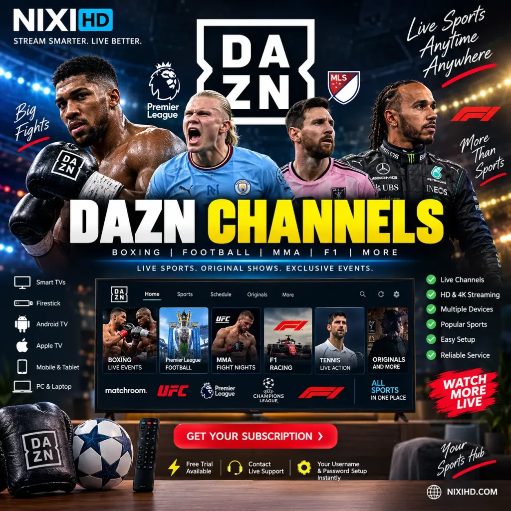 DAZN channels showing live boxing, football and sports streaming on multiple devices