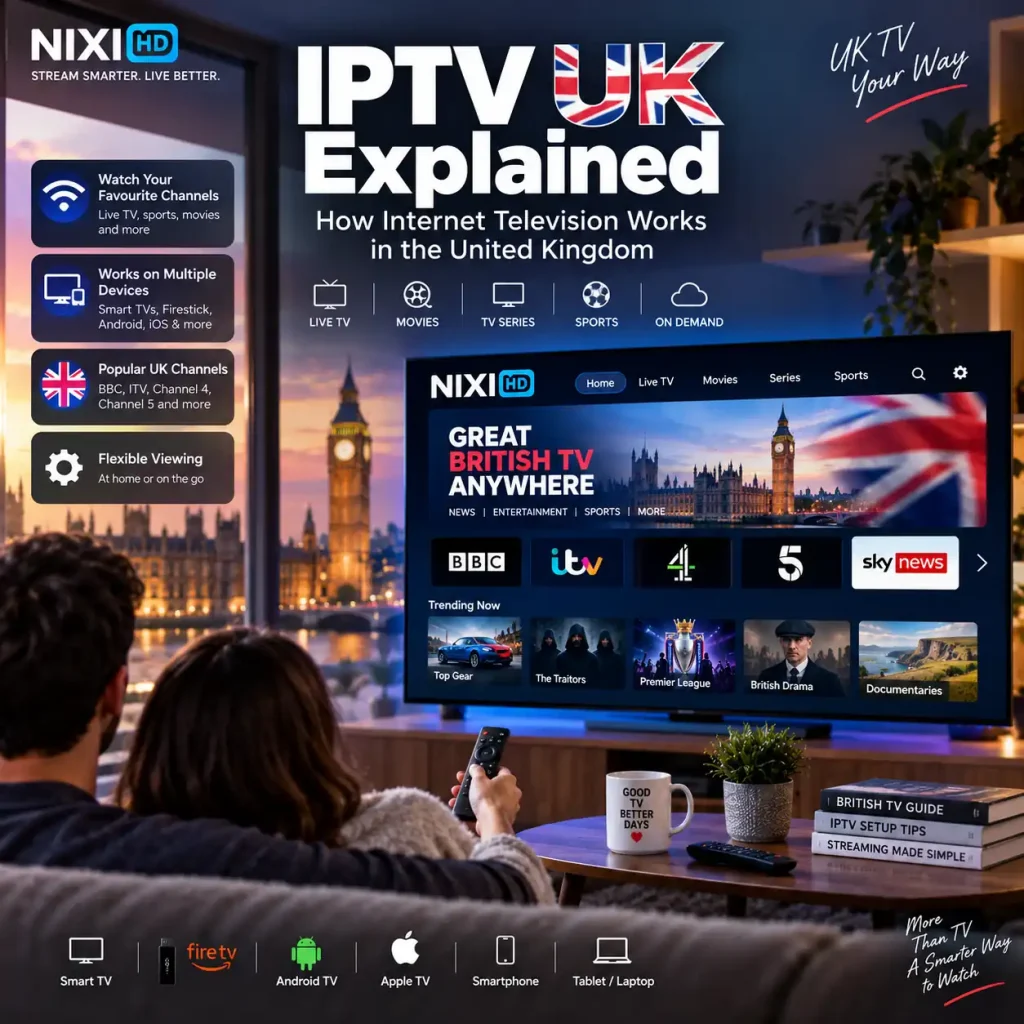 IPTV UK streaming guide showing British TV channels, live TV, sports, movies and multiple streaming devices